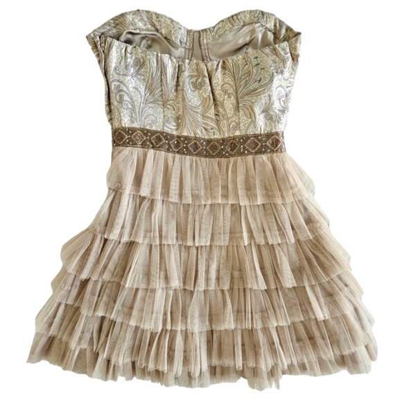 Inspire Me Strapless Taupe/Gold Tapestry Bow/Tiered Mesh Ruffle Party Dr… - Picture 13 of 17